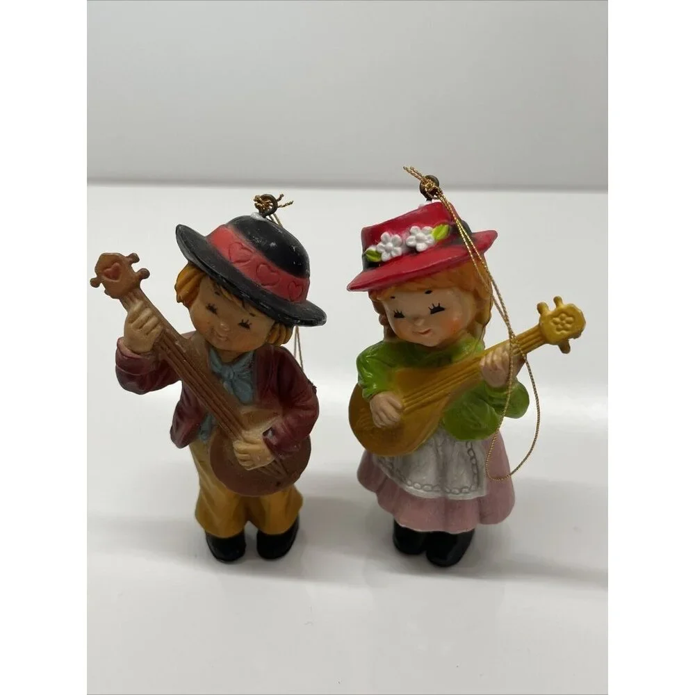 Bradford Boy and Girl Christmas Ornaments playing string instruments Vintage Box